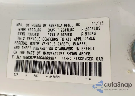 2016 Honda Accord Lx из США, поврежденный, VIN 1HGCR2F30GA069907